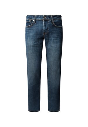 Dark blue denim jeans with a straight leg design, featuring five pockets, a button closure, and subtle fading details on the fabric.