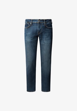 Mørkeblå denim jeans med lige ben, der har fem lommer, knaplukning og subtile falme detaljer på stoffet.