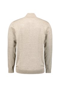 Beige Strickpullover mit langen Ärmeln und einem Kragen. Weicher Stoff, gerippter Saum und keine sichtbaren Muster oder Hardware-Details. Rückansicht gezeigt.