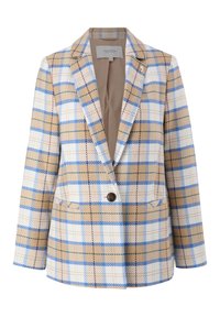 Blazer a cuadros en beige, blanco y azul. Presenta solapas estructuradas, un cierre de botón único y dos bolsillos frontales. Textura de tela suave.