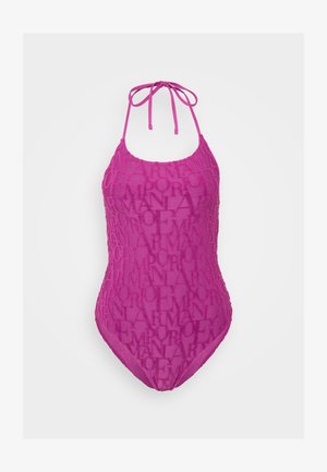 Fuchsia one-piece swimsuit with a textured fabric featuring a repeated logo pattern, adjustable halter neck ties, and a scoop neckline.