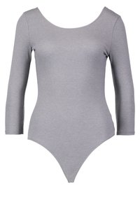 Šedý žebrovaný body s výstřihem do kulata, dlouhými rukávy a vyšším střihem nohavic. Měkká textura s přiléhavým střihem.