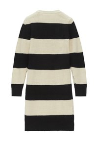 Gebreid sweaterjurk met zwarte en crème horizontale strepen, ronde hals en lange mouwen. Gestructureerde stof met geribbelde manchetten en zoom.