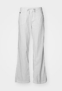 Pantalons en lin blancs avec une coupe décontractée, taille élastique à cordon de serrage et deux poches avant. Présentent des jambes larges et une texture subtile.