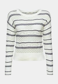 Pull en maille blanc avec rayures horizontales bleu marine, présentant un motif en dentelle ouverte et des manches longues. Poignets et ourlet côtelés pour plus de structure.