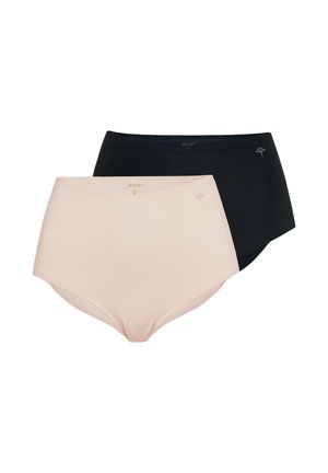 Kaksi korkeavyötäröistä naisten alusasua beigen ja mustan sävyissä, minimalistinen muotoilu pienellä koristeellisella logolla vyötärön lähellä, saumaton viimeistely.