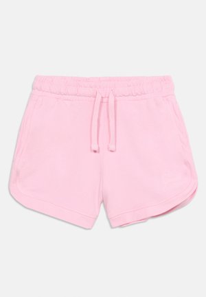 Pantaloni scurți cu talie elastică roz deschis, cu cordon, buzunare laterale și tiv curbat, realizați dintr-un material moale.