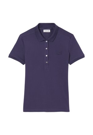 Polo di colore blu navy realizzato in cotone, caratterizzato da un colletto, una patta con tre bottoni, maniche corte e un piccolo logo ricamato sul petto.