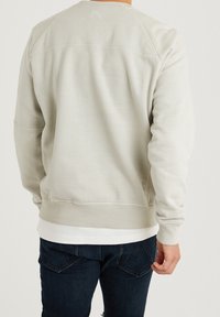 Sudadera gris claro con puños y dobladillo acanalados, que presenta un diseño sencillo en la parte posterior y una textura suave. Combinada con jeans de mezclilla oscura.