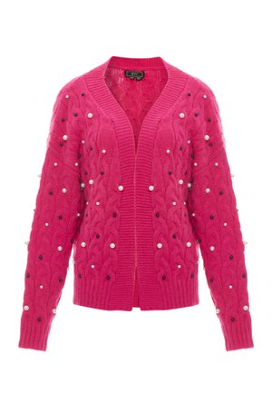 Rosa gestrickte Strickjacke mit einem Zopfmuster, verziert mit weißen und schwarzen Perlen, offene Vorderseite und gerippte Manschetten und Saum.