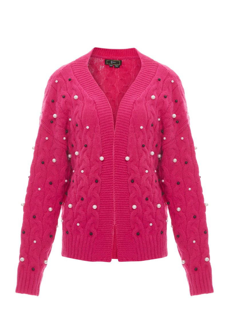 Cardigan lavorato a maglia rosa caratterizzato da un motivo a trecce, adornato con perline bianche e nere, con apertura frontale e polsini e orlo a costine.