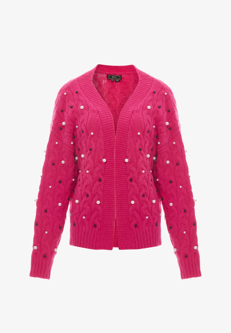 Rosa gestrickte Strickjacke mit einem Zopfmuster, verziert mit weißen und schwarzen Perlen, offene Vorderseite und gerippte Manschetten und Saum.