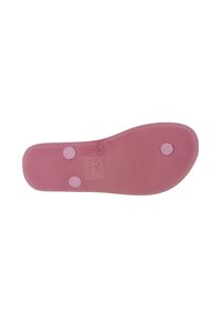 Suola di scarpa in gomma rosa con scanalature testurizzate, due cuscinetti circolari antiscivolo e un'impronta del logo. Finitura liscia con punta arrotondata.