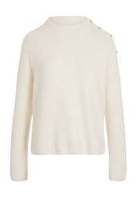 Valkoinen neulepaita, joka on valmistettu pehmeästä, tekstuurista materiaalista. Siinä on pyöreä pääntie ja napit olkapään kohdalla. Yksinkertainen, rento istuvuus.