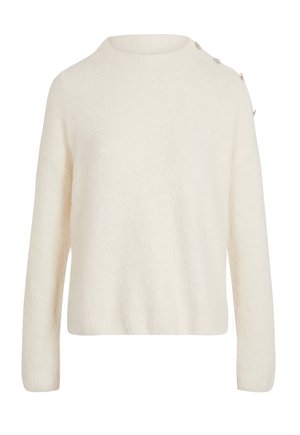 Maglione bianco realizzato in un materiale morbido e testurizzato. Presenta un collo rotondo e bottoni lungo la spalla. Vestibilità semplice e rilassata.