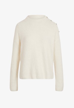 Witte trui van zacht, textuurmateriaal. Heeft een ronde halslijn en knopen langs de schouder. Eenvoudige, relaxte pasvorm.