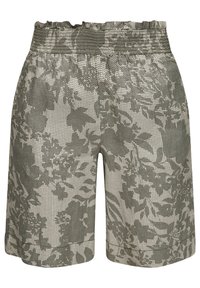 Shorts taille haute avec taille élastique, coupe ample et motif camouflage floral gris sur fond clair.