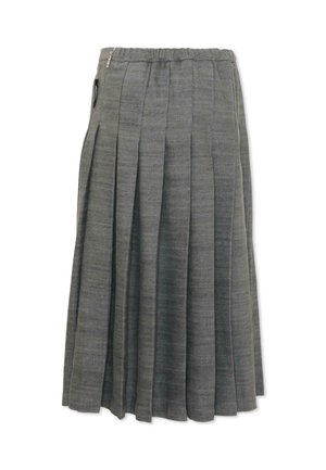 Jupe plissée grise avec fermeture éclair latérale et ceinture élastique, longueur mi-mollet et tissu texturé.