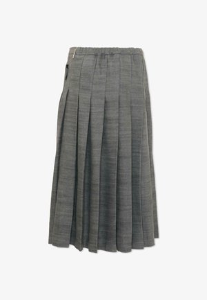 Jupe plissée grise avec fermeture éclair latérale et ceinture élastique, longueur mi-mollet et tissu texturé.