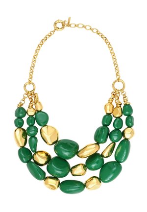 Collier triple rang avec perles irrégulières polies alternant vert et or et fermoir chaîne doré.