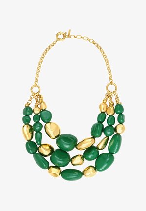 Collier triple rang avec perles irrégulières polies alternant vert et or et fermoir chaîne doré.