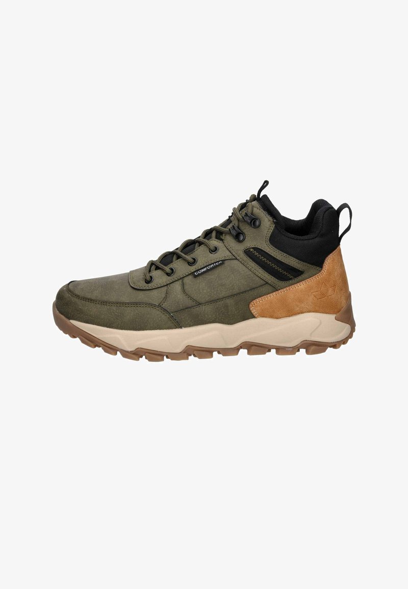 Green mid-top hiking shoe with brown leather accents, black laces, textured upper material, and rugged rubber sole for traction.