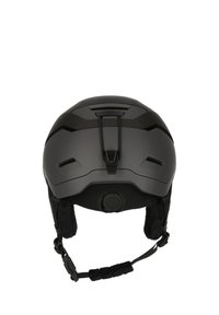 Sort skihjelm med slankt design, mat finish, justerbar rem, ventilationsspor og blødt for for komfort.