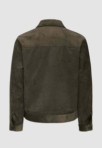 Giacca in corduroy verde oliva con finitura testurizzata, design con colletto e polsini con bottoni. Presenta un retro pulito e minimalista.