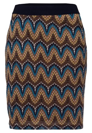 Stickad kjol med ett zigzag-mönster i brunt, blått och svart. Har en svart midja och en åtsittande design. Strukturerad tyg.