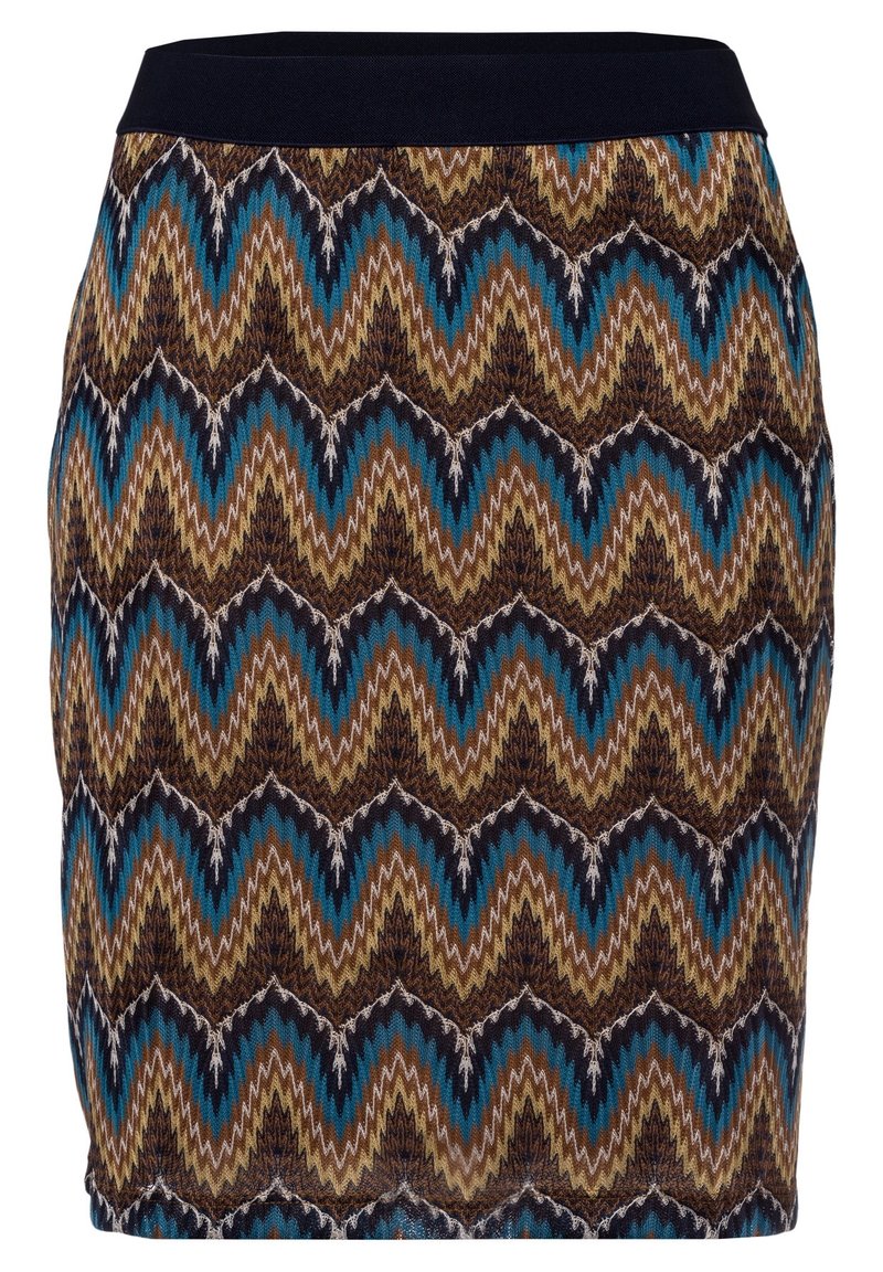 Gebreide rok met een zigzagpatroon in bruin, blauw en zwart. Heeft een zwarte tailleband en een aansluitend ontwerp. Textuurstof.