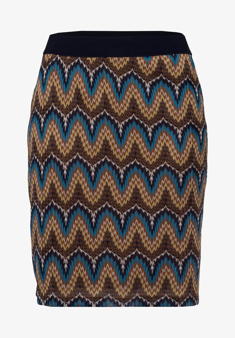 Gebreide rok met een zigzagpatroon in bruin, blauw en zwart. Heeft een zwarte tailleband en een aansluitend ontwerp. Textuurstof.