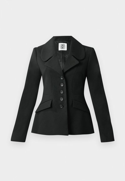Black tailored jacket with a structured silhouette, large collar, six buttons, and two front pockets. Smooth texture, long sleeves.