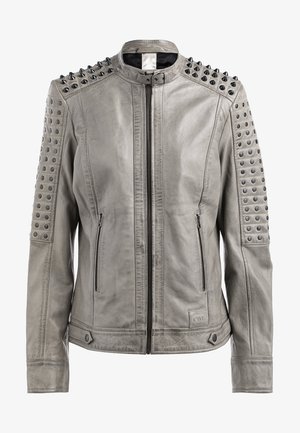 Gray leather jacket with spike accents on shoulders, front zip closure, and two side pockets. Smooth texture and fitted design.