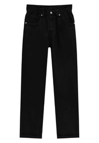 Pantalon en denim noir avec une taille élastique, comprenant deux poches avant et une fermeture à bouton. Coupe droite, texture de tissu lisse.