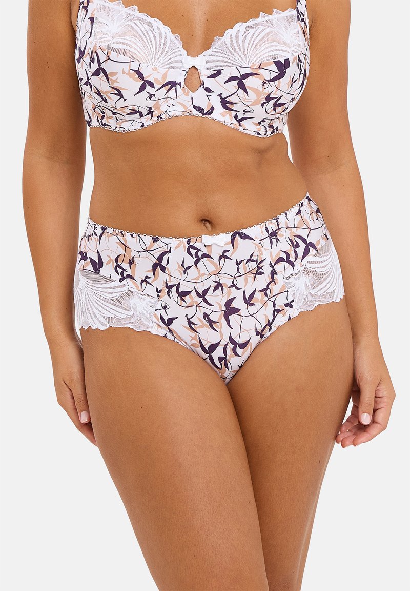 Bra and high-waisted brief set, featuring floral patterns in purple and peach on a white background, with lace detailing on edges.