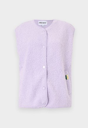 Lys lilla fleecevest uten ermer med trykknapper, rund hals og sidelommer, vist på hvit bakgrunn.