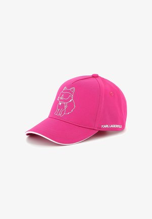 Casquette de baseball rose avec un design en tissu uni, arborant un graphique de renard cartoon en blanc et "KARL LAGERFELD" brodé sur le côté.