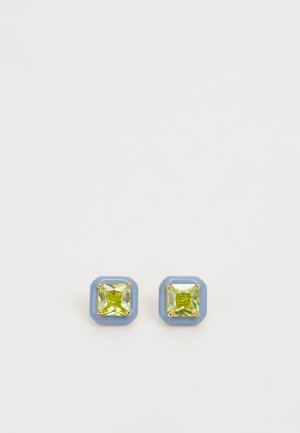 Square stud earrings with light green gemstones set in gold-tone prongs and framed by a pastel blue border, displayed on a white background.