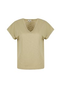 V-neck short-sleeve top in light beige fabric with a soft texture, relaxed fit, and subtle heather pattern. Minimalist design, no embellishments.