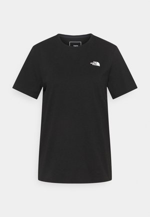 Schwarzes T-Shirt mit kurzen Ärmeln und Rundhalsausschnitt mit kleinem weißem The North Face-Logo auf der oberen linken Brust.