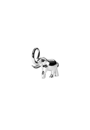 Small shiny silver elephant figurine with raised trunk on white background.