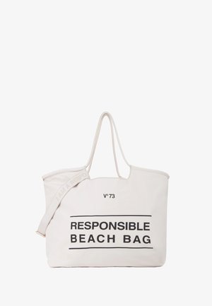 Borsa da spiaggia in tela color avorio con testo nero "BORSA DA SPIAGGIA RESPONSABILE." Caratterizzata da doppi manici e una tracolla regolabile. Design semplice e spazioso.