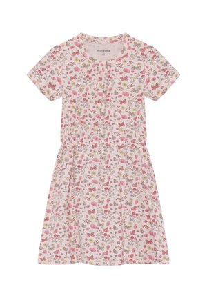 Kurzärmeliges Kleid aus hellrosa Baumwolle mit floralem Muster in Pink, Lila und Gelb. Mit tailliertem Schnitt und abgerundetem Ausschnitt.