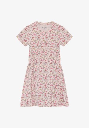 Robe à manches courtes en coton rose clair avec un motif floral en rose, violet et jaune. Elle présente une taille froncée et un col arrondi.