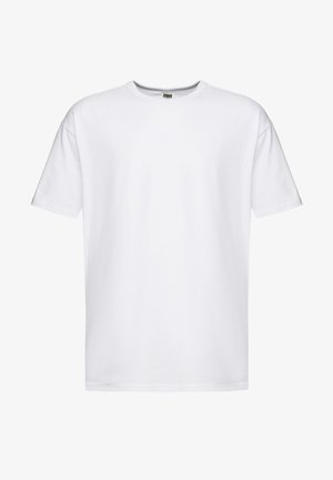 White cotton t-shirt with short sleeves, a crew neck, and a relaxed fit. No patterns or logos, smooth texture and standard length.