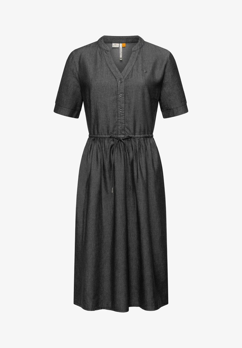 Rochie din denim închis, cu mâneci scurte răsfrânte, închidere cu nasturi, talie legată, și detaliu subtil cu logo, având un croi lejer și lungime până la genunchi.
