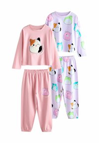 Two sets of children's pajamas. One is pink with a cat design; the other is light purple with colorful animal patterns. Cotton fabric, long sleeves.