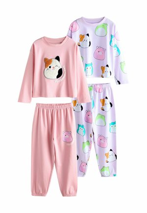 Two sets of children's pajamas. One is pink with a cat design; the other is light purple with colorful animal patterns. Cotton fabric, long sleeves.