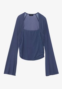 Mörkblå långärmad topp med fyrkantig halsringning, med samlade sidor och en slät, texturerad tyg. Utrustad med utsvängda ärmar som fulländar designen.