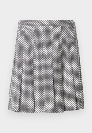 Plisseret nederdel i et navy og creme geometrisk mønster. Lavet af letvægtsstof, den har en tætsiddende talje og en udvidet design.
